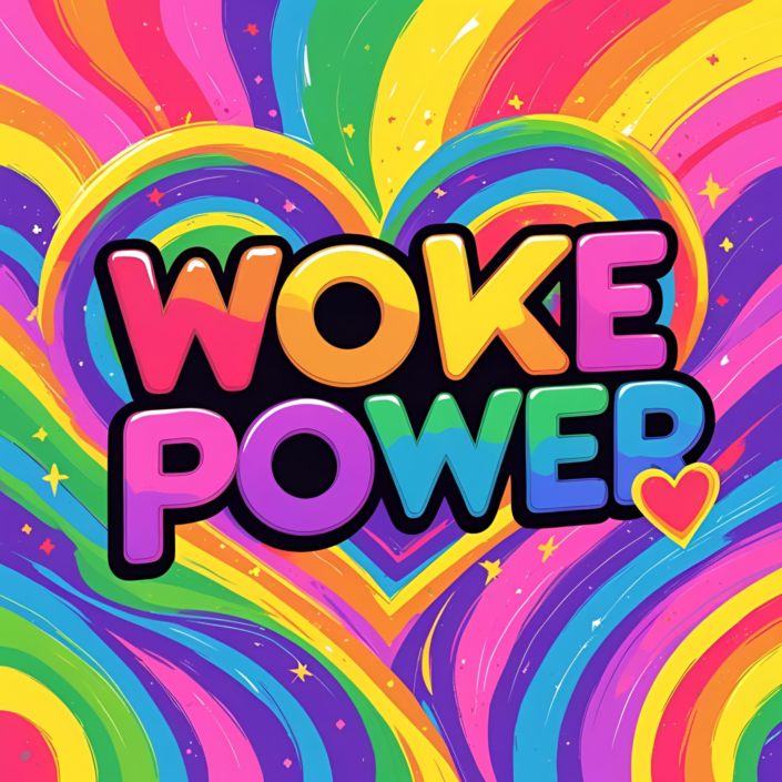 Buntes Herz mit Regenbogenfarben und WOKE POWER-Schriftzug – Symbol für queerfeministische Sichtbarkeit und reclaimter Pride gegen rechte Codes.