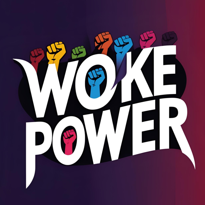 Weiße Schrift auf dunklem Hintergrund mit erhobenen Fäusten in Regenbogenfarben – WOKE POWER als klares Zeichen gegen White-Power-Gesten.