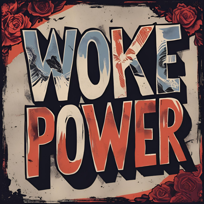 WOKE POWER im Retro-Design mit abgenutzter Textur und roten Rosen – reclaimte Symbolik im Stil antifaschistischer Gegenästhetik.
