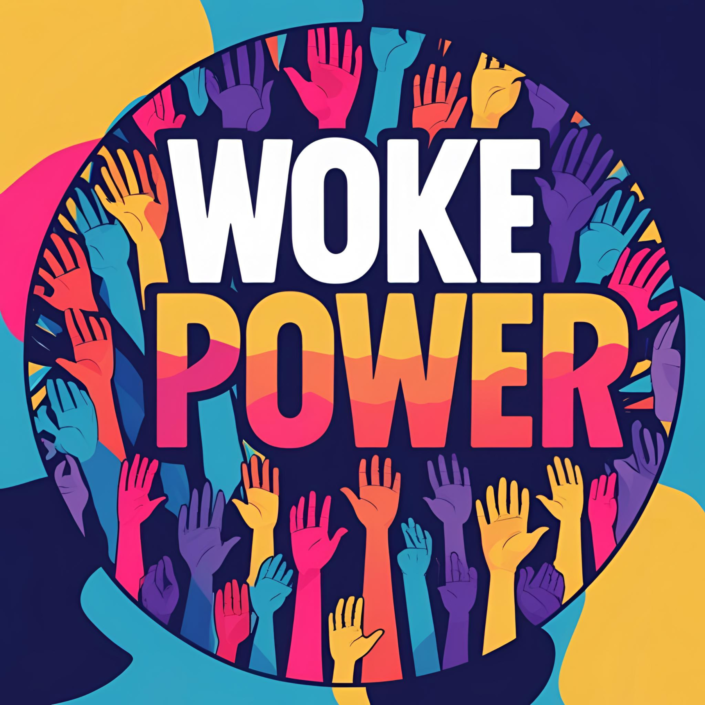 Kreis aus erhobenen Händen in Pink, Blau, Gelb rund um WOKE POWER – visuelles Statement für Beteiligung, Demokratie und Widerstand gegen rechte Zeichen.