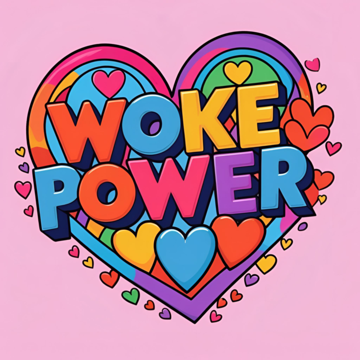 WOKE POWER in bunten Buchstaben vor rosa Hintergrund und Herzsymbolen – reclaimte Darstellung von Pride, Liebe und Widerstand gegen Ausgrenzung.