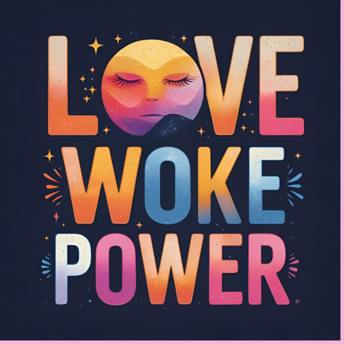 LOVE WOKE POWER in farbverlaufender Typografie mit ruhendem Gesicht – poetisches Zeichen für Sichtbarkeit, Frieden und Reclaim rechter Narrative.