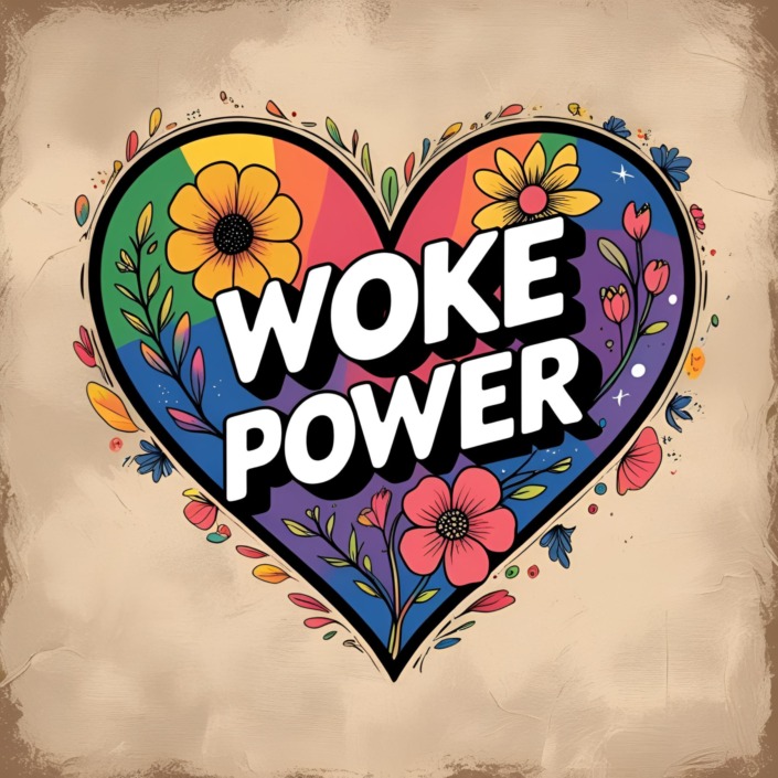 Blumenherz mit Regenbogenmuster und WOKE POWER-Schriftzug – reclaimtes Liebessymbol gegen rechte Symbolpolitik.