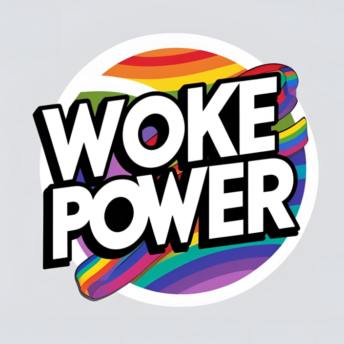 Stilisiertes WOKE POWER-Logo vor Regenbogenflagge – reclaimte OK-Symbolik als Zeichen für Vielfalt, Widerstand und antifaschistische Ästhetik.