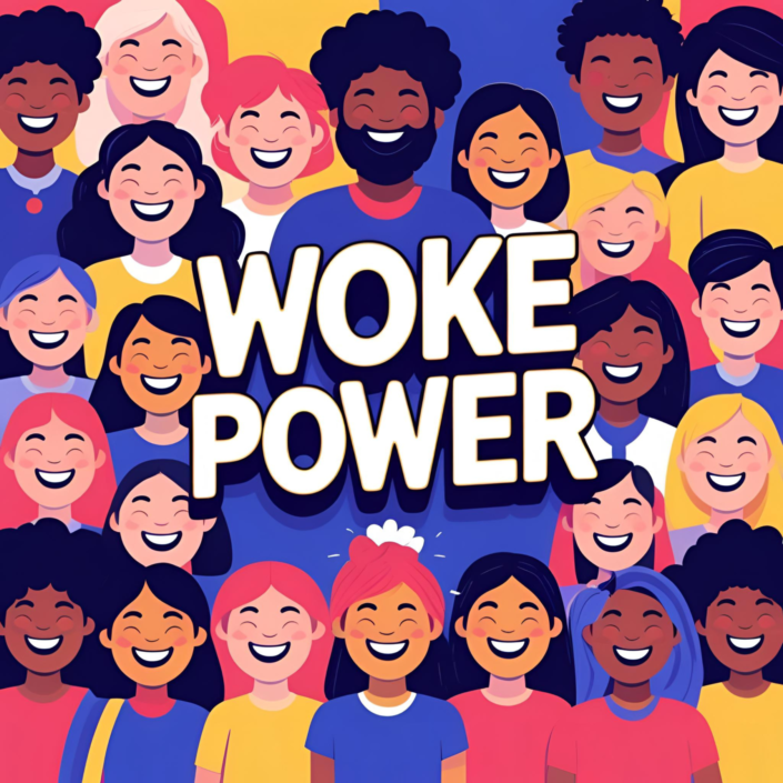 Illustration vieler lächelnder Menschen unter dem Slogan WOKE POWER – Gemeinschaft als Antwort auf White-Power-Ideologie.