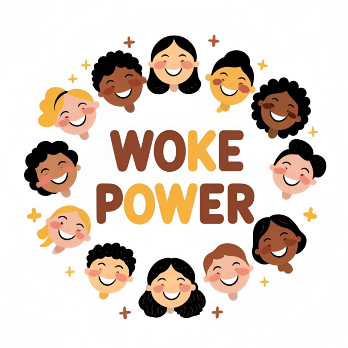 WOKE POWER mit lächelnden Gesichtern verschiedener Hauttöne – Symbol für Diversität, Zusammenhalt und Reclaim rechter Exklusion.