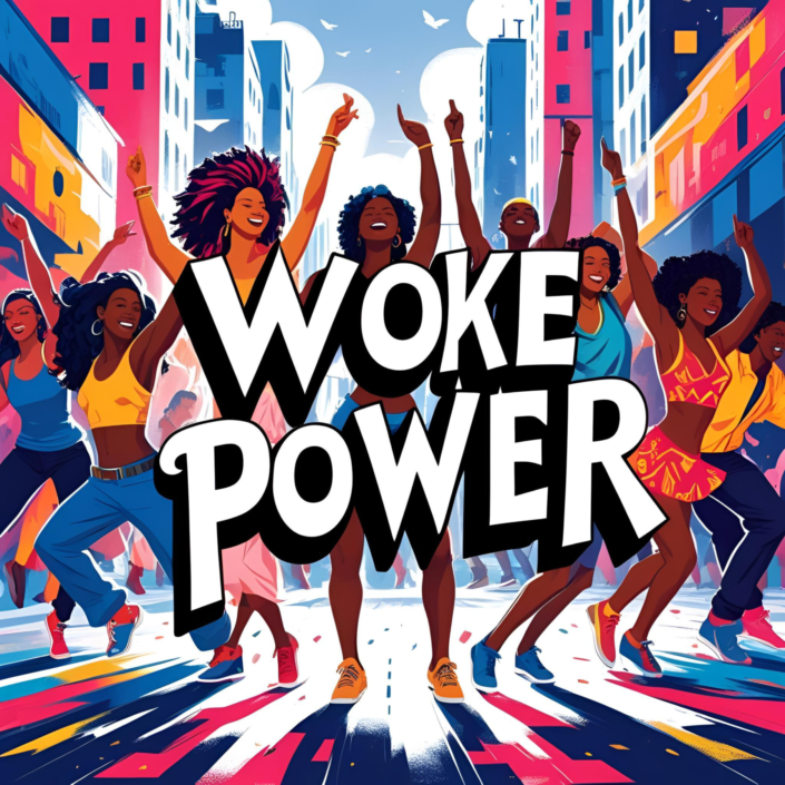 Tanzende Menschen in einer bunten Stadt unter dem Slogan WOKE POWER – Ausdruck von Sichtbarkeit, Lebensfreude und Widerstand gegen rechte Strukturen.