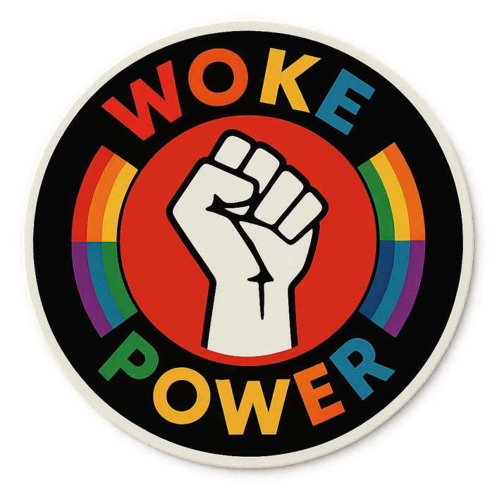Faust-Symbol auf rotem Kreis mit Regenbogen – WOKE POWER-Emblem als reclaimtes Gegensymbol zu nationalistischer Symbolik.