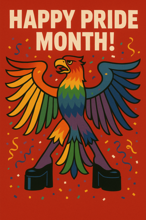 Regenbogen-Adler mit Plateauschuhen auf rotem Grund – queere Umdeutung nationalistischer Wappentiere für den Pride Month.