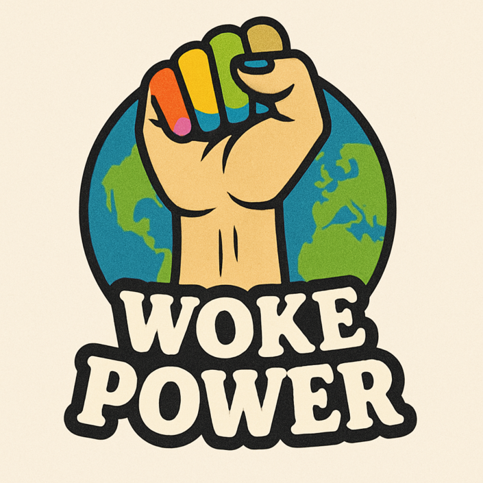 Erhobene Regenbogenfaust vor Weltkugel mit WOKE POWER-Schriftzug – globales Statement gegen rechte Symbolik und für Gleichberechtigung.