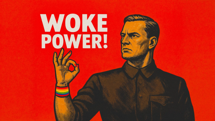 Mann im Retro-Stil streckt selbstbewusst die "OK"-Geste mit Regenbogenarmband – reclaiming white power.