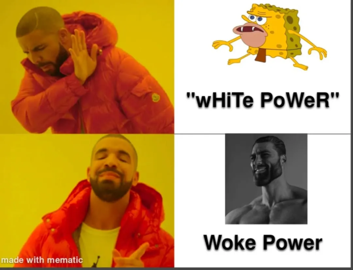 Drake-Meme: Oben „white power“ ablehnend, unten „Woke Power“ bejahend mit maskulinem Meme-Gesicht.