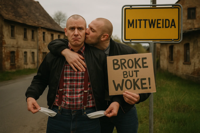 Zwei Männer in Dorfkulisse, einer leerer Hosentasche, der andere küsst ihn. Schild: BROKE BUT WOKE.