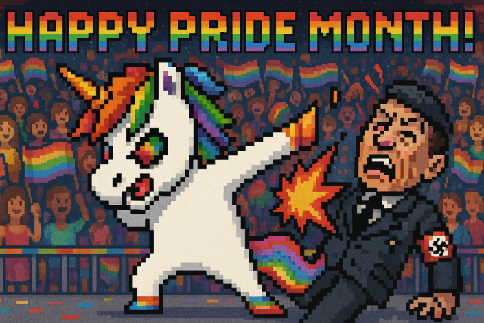 Pixel-Art: Einhörner, Regenbogenmenge, Einhorn tritt Nazi in den Hintern.