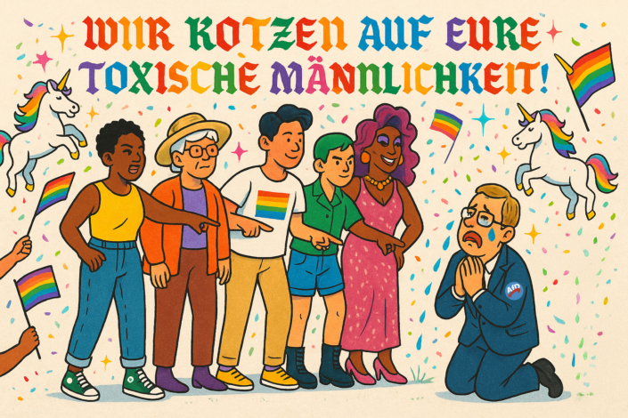 Gruppe vielfältiger Menschen zeigt auf AfD-Mann, Einhörner tanzen, Text: „Wir kotzen auf eure toxische Männlichkeit“.