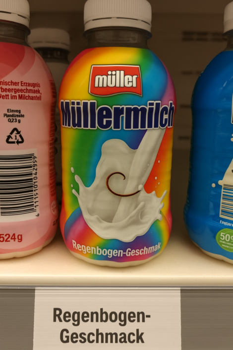 Müllermilch "Regenbogen-Geschmack" – Eine bunte Milchflasche mit Regenbogen-Design und dem Geschmack „Regenbogen“, augenzwinkernde Satire auf Pinkwashing.