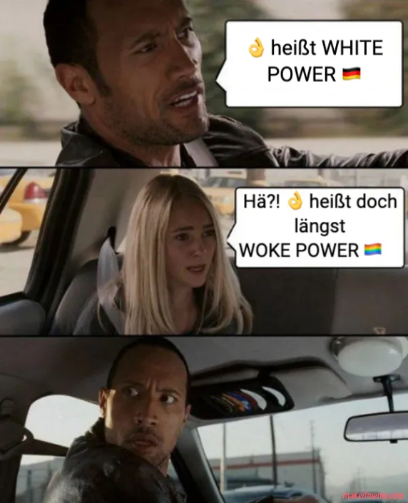 WOKE POWER“-Erklärung im Auto-Meme – The Rock schaut schockiert, als eine junge Frau ihm erklärt, dass das 👌-Zeichen längst für WOKE POWER steht.