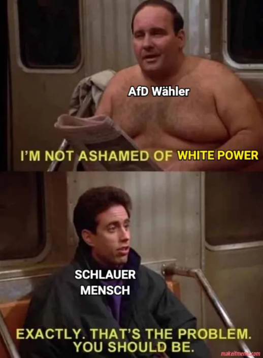 Seinfeld-Meme mit oberkörperfreiem AfD-Wähler – Oben: „Ich schäme mich nicht für WHITE POWER“. Unten: „Genau das ist das Problem. Solltest du aber.“