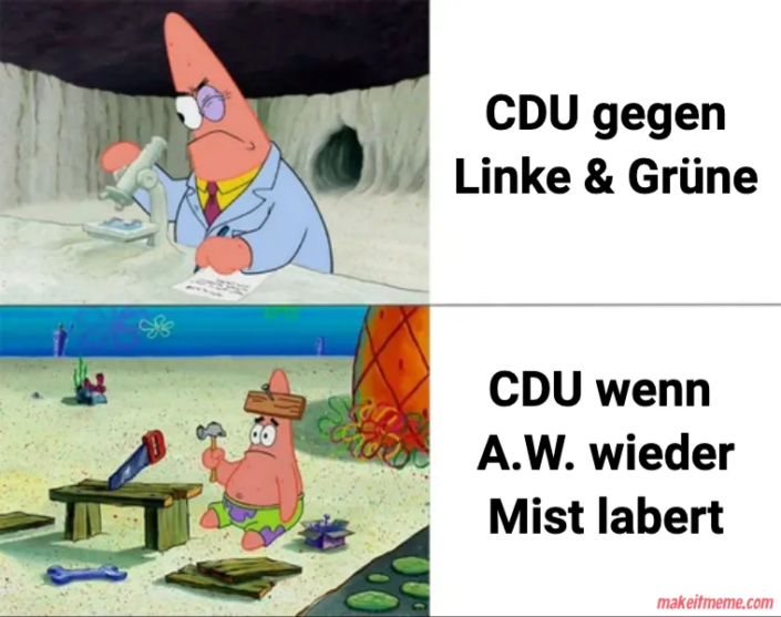 Patrick einmal als Wissenschaftler, einmal als Dulli auf Baustelle