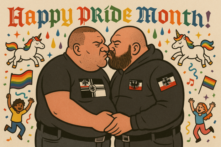Zwei Nazi-Skins knutschen vor Einhörnern und Regenbögen